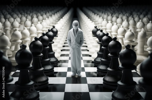 In the shadows of strategy, a mysterious, hooded figure dominates the chessboard, embodying cryptic authority. photo