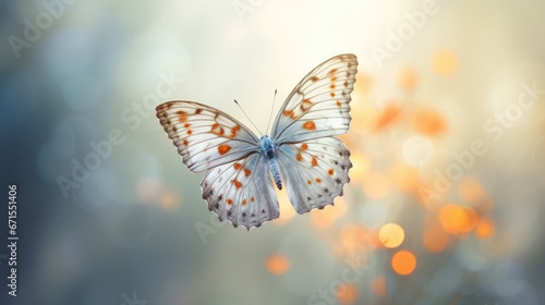  a close up of a butterfly flying in the air with boke of light in the back ground and a blurry background. generative ai