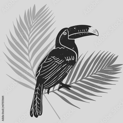 Toucan bird on a branch with tropical leaves background. Hand drawn vector illustration in vintage technique of linocut or woodcut stamped. photo