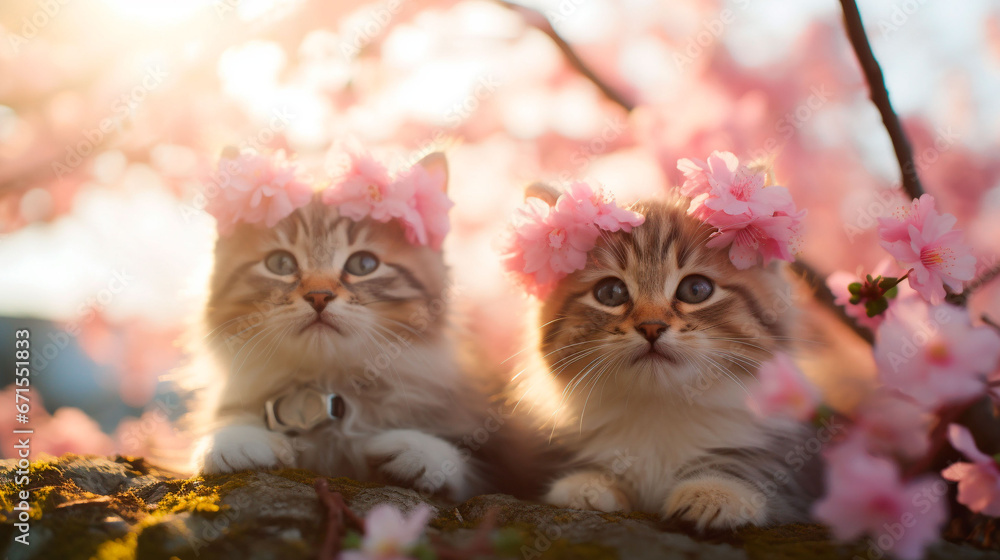 桜の木の上で花冠を被る子猫