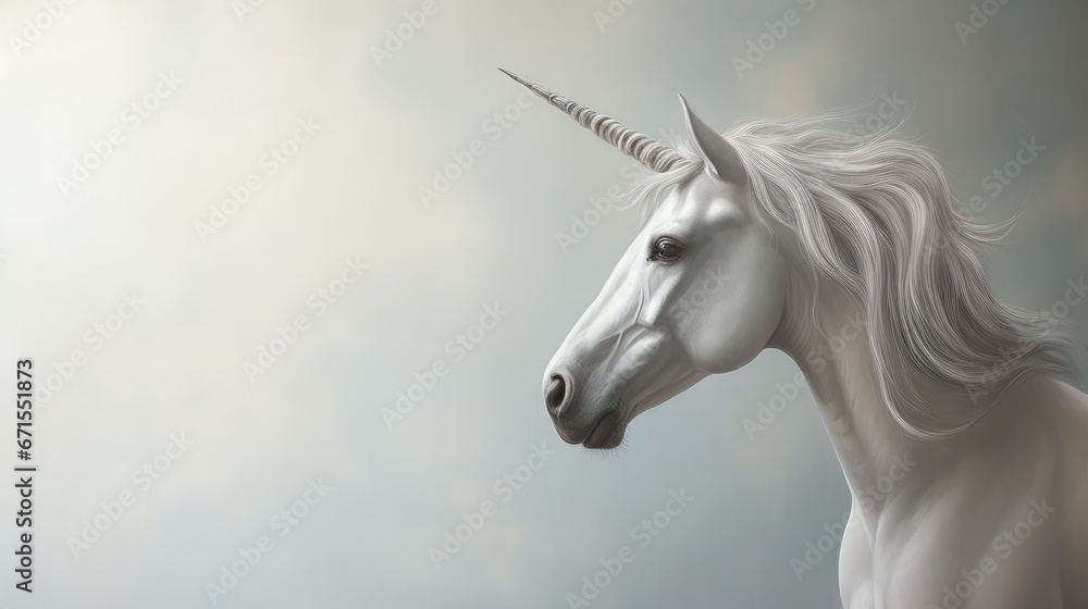  a painting of a white unicorn with long hair and a horn on it's head, standing in front of a cloudy sky.  generative ai
