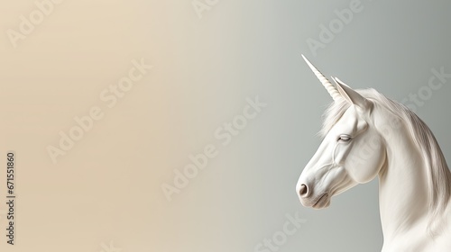  a white horse with a long mane standing in front of a gray background with a light colored wall behind it. generative ai