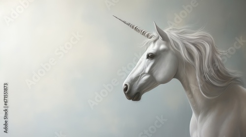  a painting of a white unicorn with long hair and a horn on it's head, standing in front of a cloudy sky.  generative ai © Anna