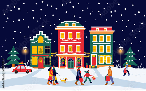 Christmas night scene panorama  with decorated houses and people walking with bags of gifts. Vector illustration 