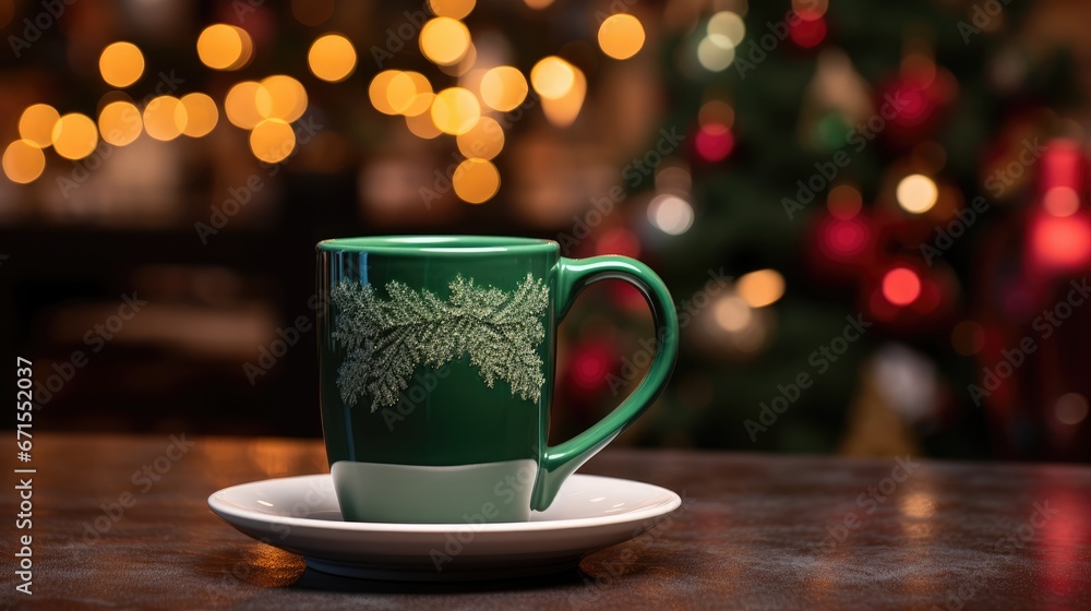  a green and white coffee cup sitting on top of a white saucer on a table next to a christmas tree.  generative ai