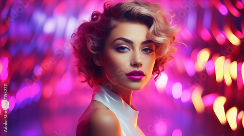 High fashion blonde model in colorful bright neon lights posing at club. Portrait of beautiful girl with trendy glowing make-up. Art design vivid style. Valentine Birthday day, Mother day celebration