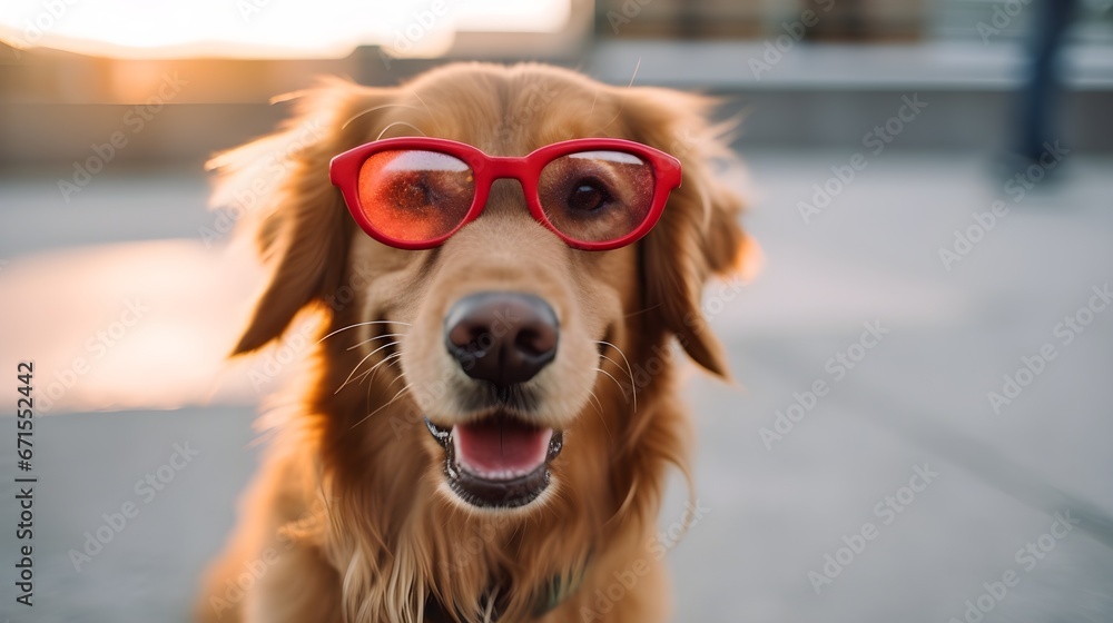 a dog wearing red sunglasses
