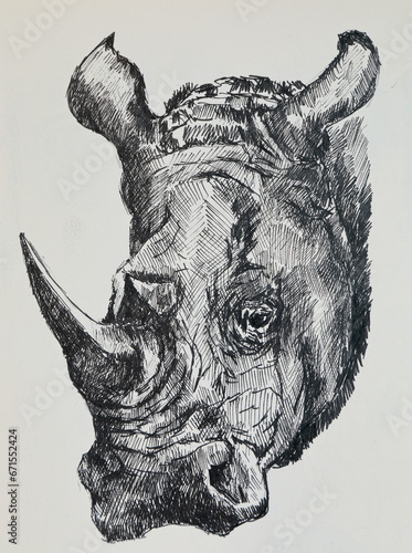 black and white illustration of a rhino