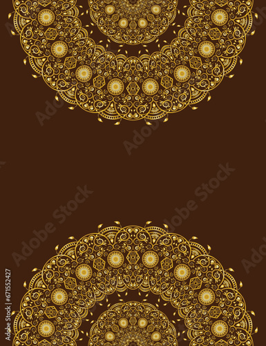 Abstract golden twin circle floral ornamental frame border design vector on dark brown
