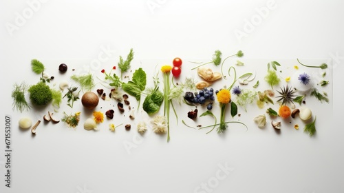  a group of different types of vegetables laid out on a sheet of paper on a white surface, including broccoli, mushrooms, carrots, celery, blueberries, and more.  generative ai