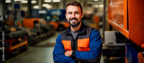 Smiling young car mechanic posing with arm crossed in auto repair shop, mechanic man happy working in truck garage,