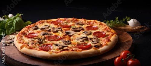 Pizza is an Italian dish made from baked flat dough with various toppings