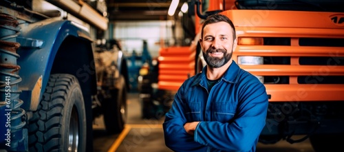 Smiling young car mechanic posing with arm crossed in auto repair shop, mechanic man  happy working in truck  garage, photo