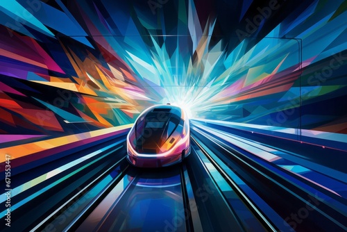 Train traveling through a tunnel with a bright colorful lights. Abstract Illustration