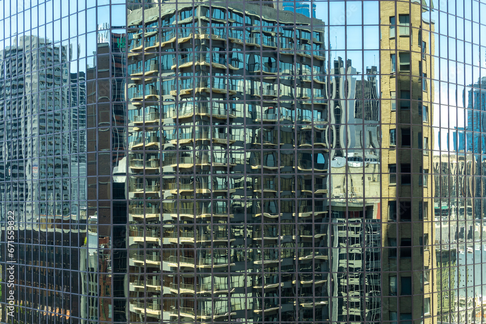 Reflective Glass Facade, Architectural Grid, Cityscape, Urban Landscape. 