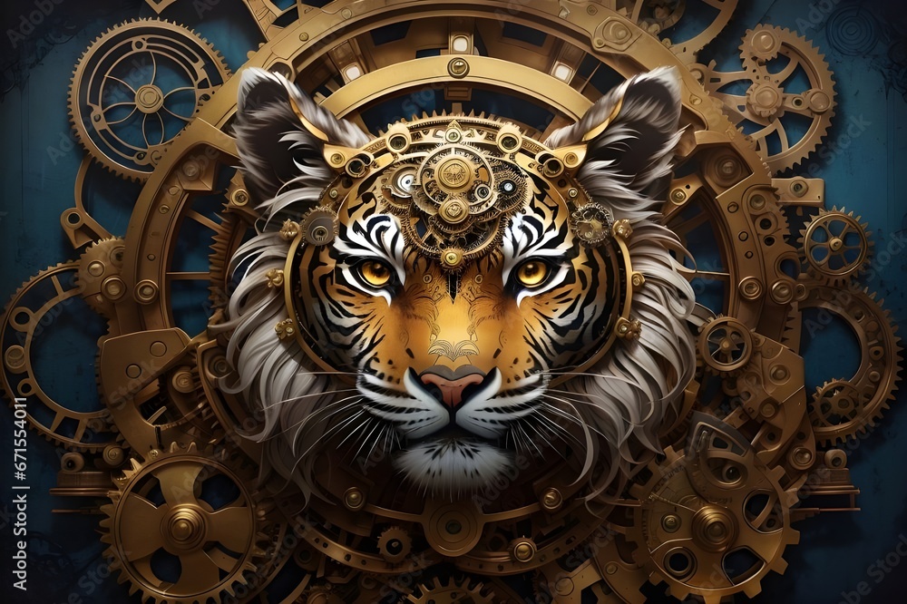a artwork featuring a tiger's head decorated with a steampunk background, gears, generative AI