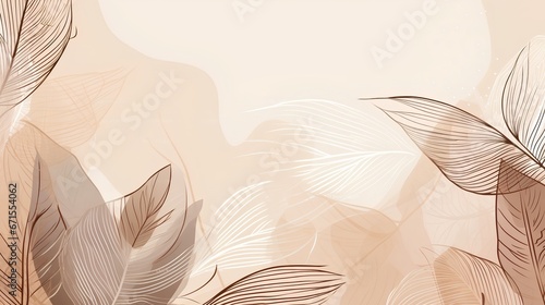 Calming light brown and beige background with abstract natural leaves. Aesthetic minimalism design, offering a soothing and tranquil ambiance. Wallpaper for those who appreciate nature elegance. photo