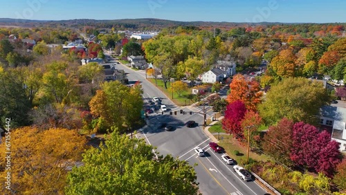 Wayland historic town center aerial view in fall with fall foliage at Boston Post Road and MA Route 27, including First Parish Church and Town Hall, Wayland, Massachusetts MA, USA.  photo