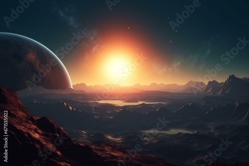 Unknown planet surface, satellite sunrise, space background. Generative AI