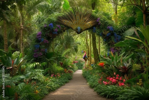 Rainforest with peacock, lush foliage, colorful flowers, and picturesque arch in the backdrop. Generative AI