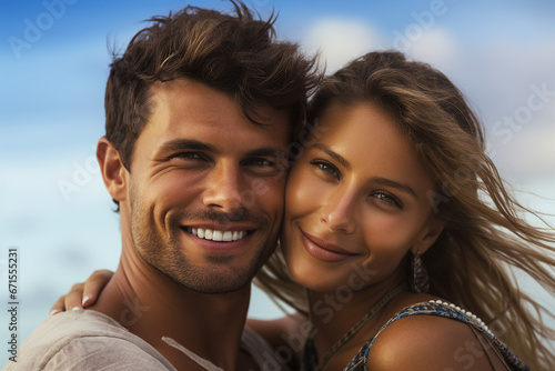 Young couple portrait two lovers spending time sunny country travelers Generative AI