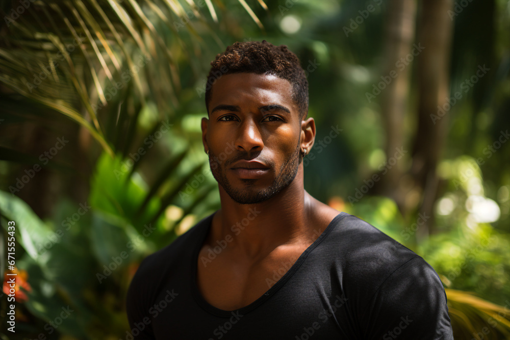 Generative AI image of handsome guy walking in green rainforest exploring nature Generative AI image of handsome guy walking in green rainforest exploring nature