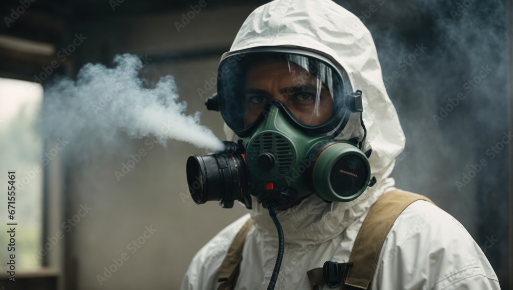 Young man in a chemical suit and respirator Young man in a chemical suit and respirator