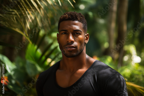 Generative AI image of handsome guy walking in green rainforest exploring nature