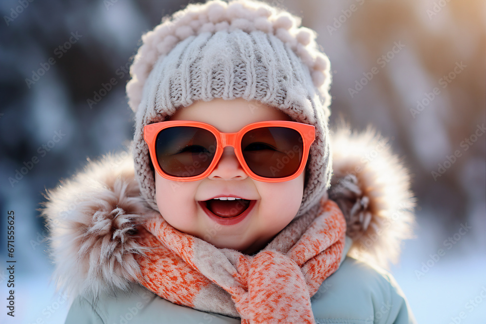 Generative AI portrait of beautiful adorable positive child walking frosty sunny snowy cold winter day outdoors Generative AI portrait of beautiful adorable positive child walking frosty sunny snowy cold winter day outdoors
