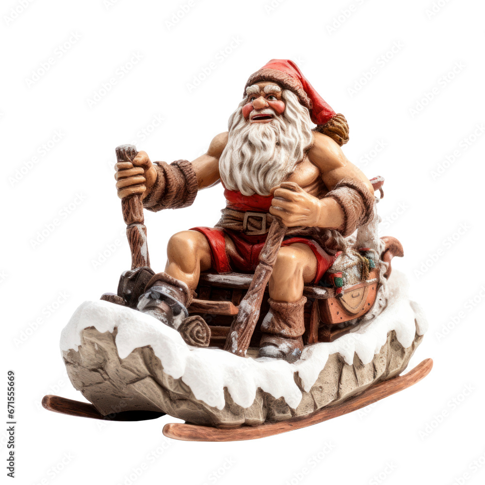 Caveman Santa with a sled figurine. PNG.