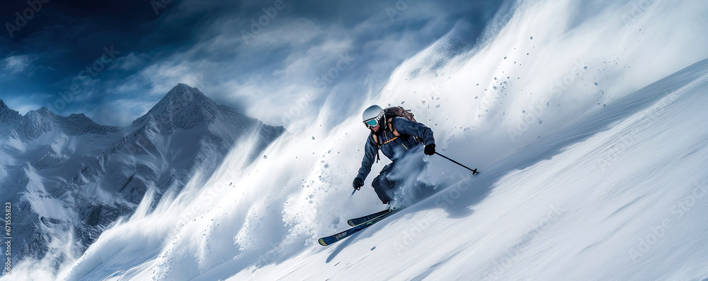 Skier at downhill action in the avalanche area. Postproducted generative AI illustration.