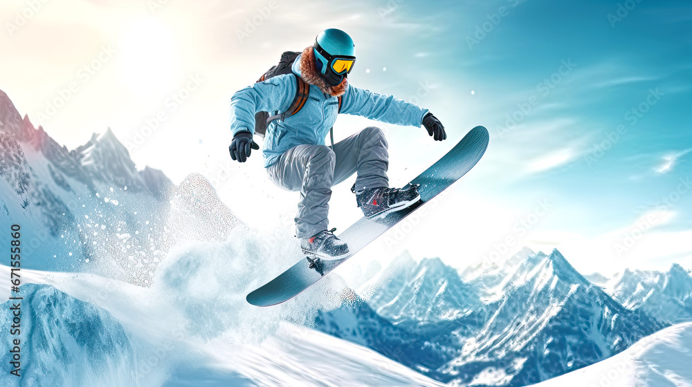 Snowboard rider is jumping over ramp during winter extreme sport games. Postproducted generative AI illustration. - obrazy, fototapety, plakaty 