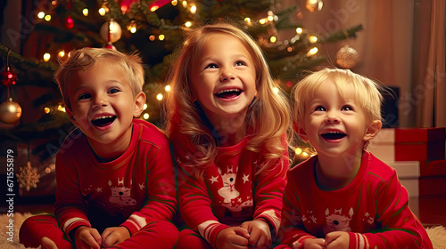 Three young siblings enjoying their Christmas holiday time. Postproducted generative AI illustration.