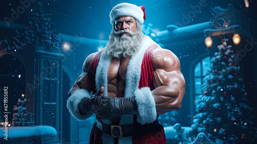 Very muscular Santa Claus as super powered Christmas hero. Postproducted generative AI illustration. photo