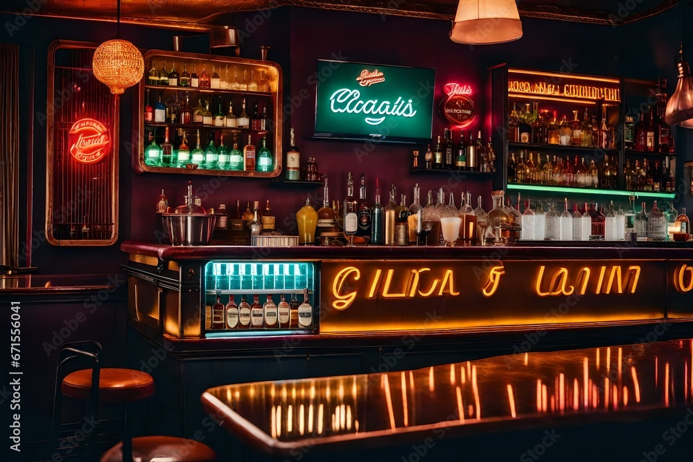 A retro-inspired bar area with a neon sign, vinyl record collection