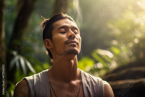 Mindfulness concept young asian man practicing meditation close with nature indian forest Generative AI