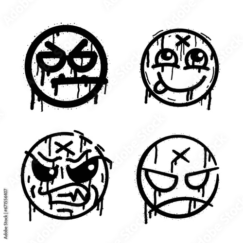 Graffiti grunge face. Cartoon aerosol fun expression. Spray funky paint art with leak and dot. Street art and urban vandalism symbol. Black grungy spill character isolated on white