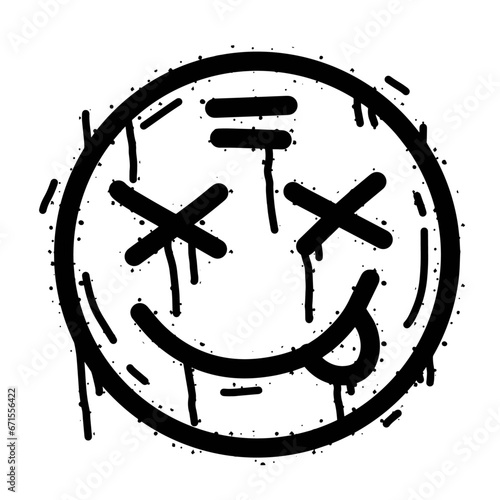 Graffiti grunge face. Cartoon aerosol fun expression. Spray funky paint art with leak and dot. Street art and urban vandalism symbol. Black grungy spill character isolated on white