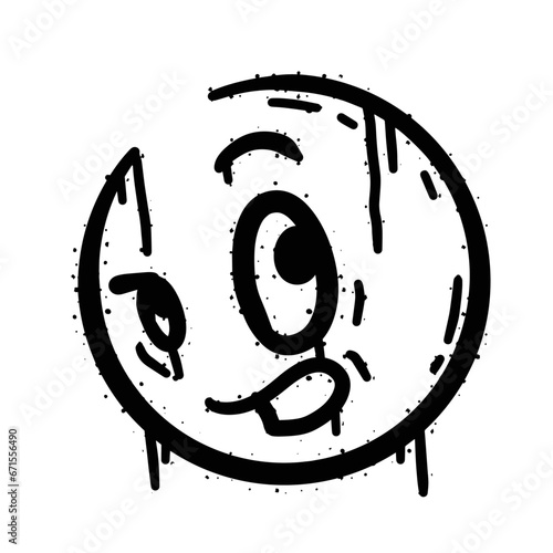 Graffiti grunge face. Cartoon aerosol fun expression. Spray funky paint art with leak and dot. Street art and urban vandalism symbol. Black grungy spill character isolated on white