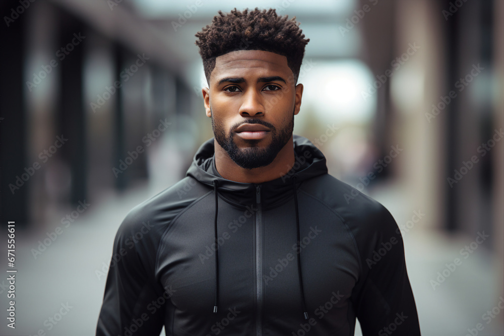 Fototapeta premium Generative AI picture of serious sweaty concentrated young man running jogging purposeful face wearing activewear
