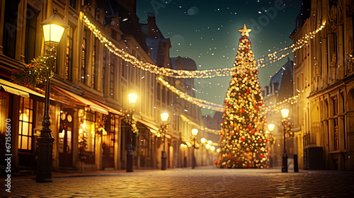 Christmas lights hanging on empty street at Christmas time in old town. Postproducted generative AI illustration.