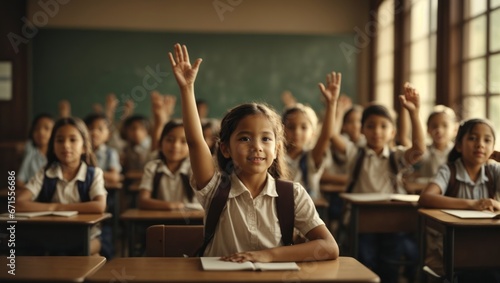 Little children answer assignments in class photo