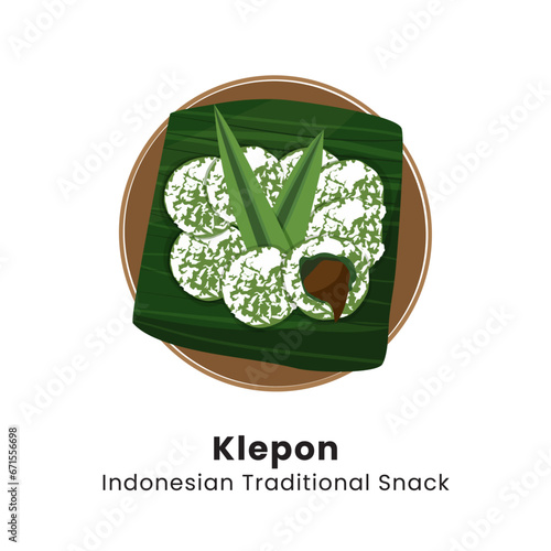 Klepon is a kind of traditional food or traditional Indonesian cake, made from glutinous rice flour which is shaped like small balls and filled with brown sugar. Vector Illustration