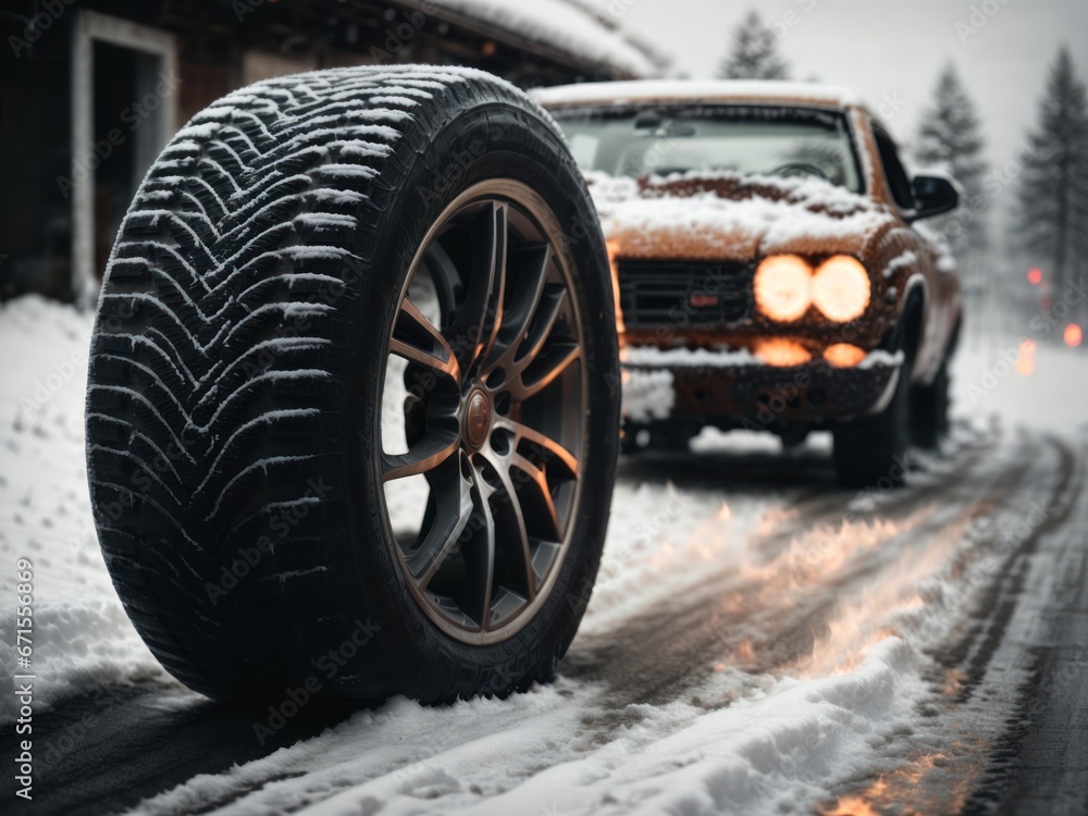 Naklejka premium Winter tires on a snowy road