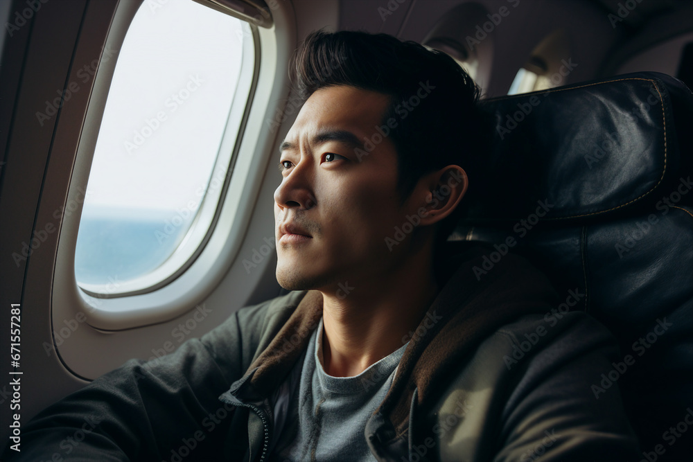 Joyful traveler sitting inside plane having vacation trip Generative AI technology image Joyful traveler sitting inside plane having vacation trip Generative AI technology image