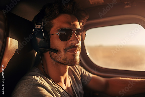 Young handsome man modern jet plane pilot made by Generative AI technology