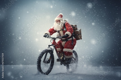 A Santa Claus riding a bicycle carrying gifts in a snowy winter background © AJay