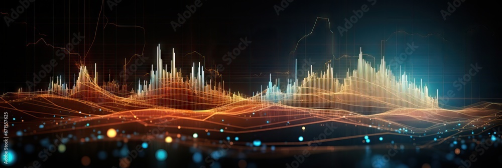 Glowing big data forex candlestick chart on blurry darkbackground. Financial graph diagram. Currency and financial investment trade. Technology and analysis concept. Abstract cryptocurrency banner - obrazy, fototapety, plakaty 
