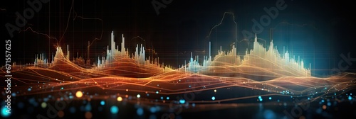 Glowing big data forex candlestick chart on blurry darkbackground. Financial graph diagram. Currency and financial investment trade. Technology and analysis concept. Abstract cryptocurrency banner
