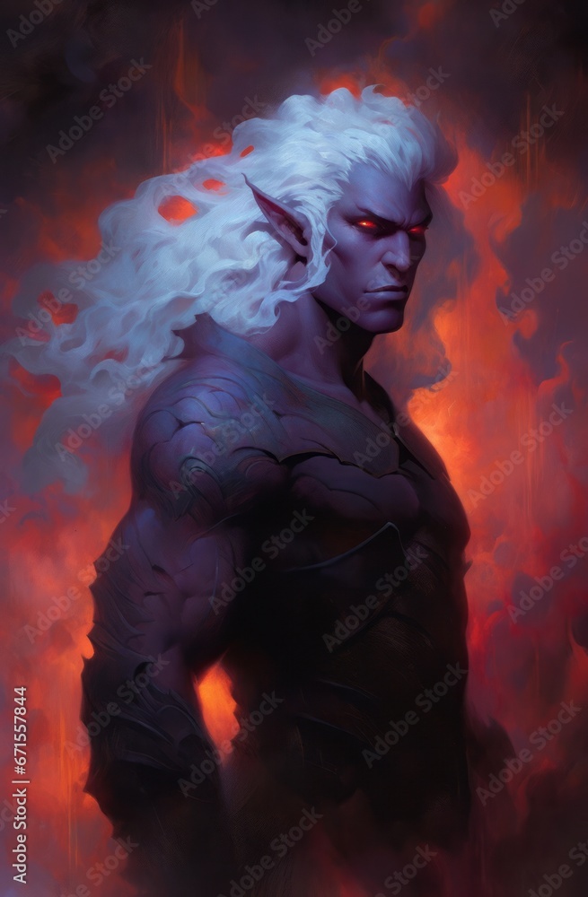 a man with long white hair and a red glowing eyes